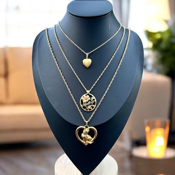 Vintage Cat Mom Avon Gold Tone Layered Mother Heart Locket Necklace Stack Layer - Picture 1 of 8